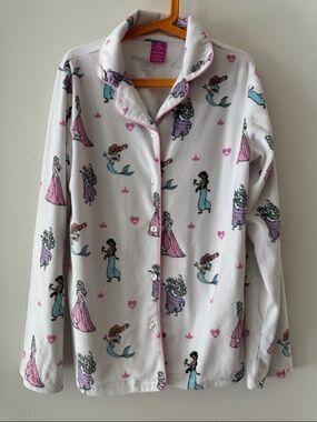 Disney Princess Pajama Top Kids L (10/12) Button Front Fleece Pink Trim